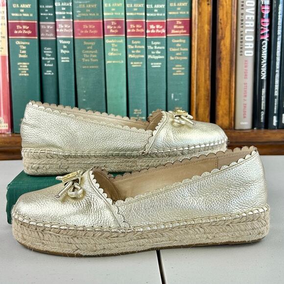 Kate Spade Gold Platform Bow Logo Leather Espadrille Sz 7.5 EUC MSRP $198 - Picture 4 of 8